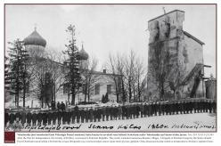 1918/1919 - After the War for Independence, the County of Pechory was founded in Estonian Republic. The county included numerous Russian villages. A brigade of Estonian troops by the Senno church.
Postcard.